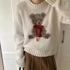 Korean Version of Round Neck Contrasting Color Cartoon Scarf Pullover Sweater Women's 1011 Autumn and Winter New Loose Sweet Knitted Sweater Women's