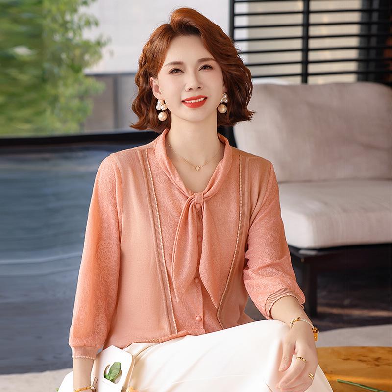 

Elegant Knitted Top for Women, Perfect for Spring, Summer, and Autumn, Ages 40-50: Stylish Tie-Up Shirt for Middle-Aged Elegance. 2XL (110-120 lbs)