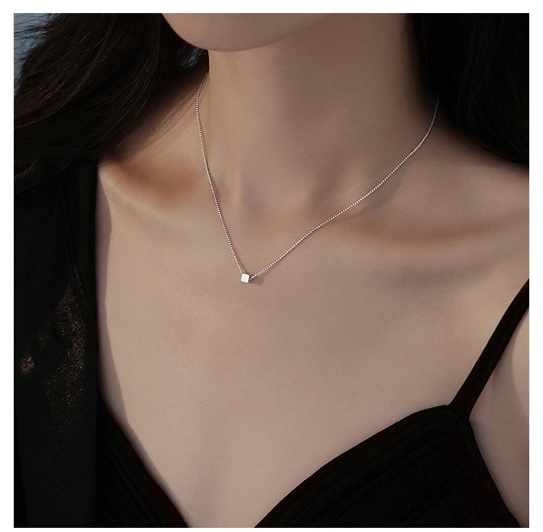 S999 Sterling Silver Brushed Square Pendant Necklace - Elegant, Minimalist Clavicle Chain for Women
