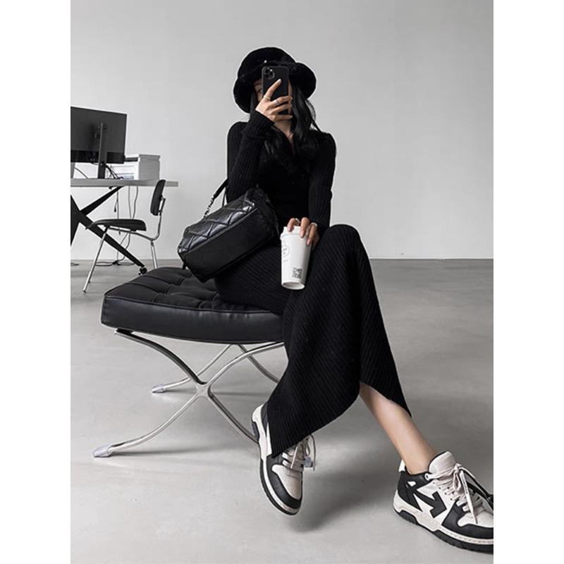 

Autumn retro sweater with long dress inside, cold and high-end knitted bottoming dress with coat XL чёрный