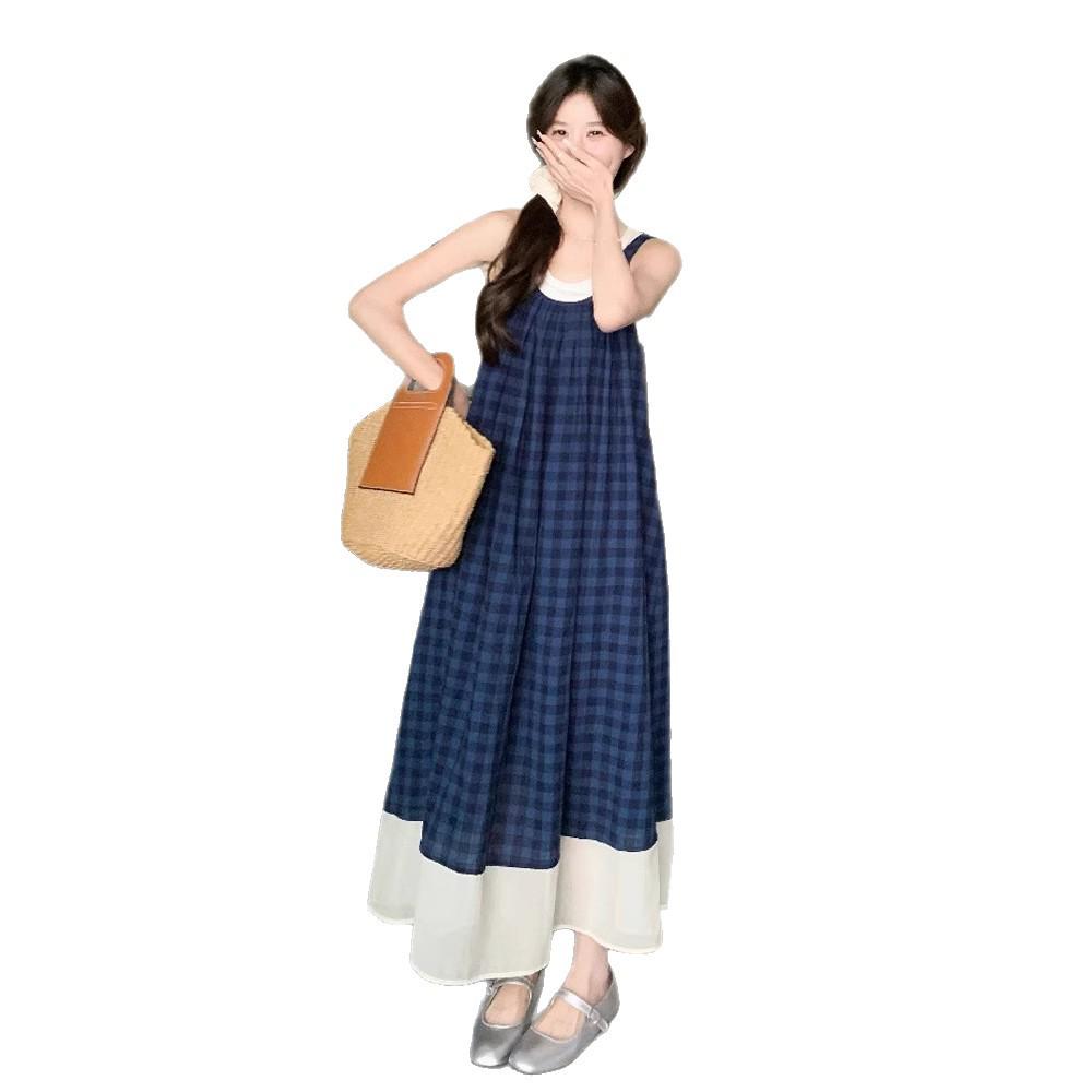 French Mori Girl Blue Plaid Spaghetti Strap Maxi Dress