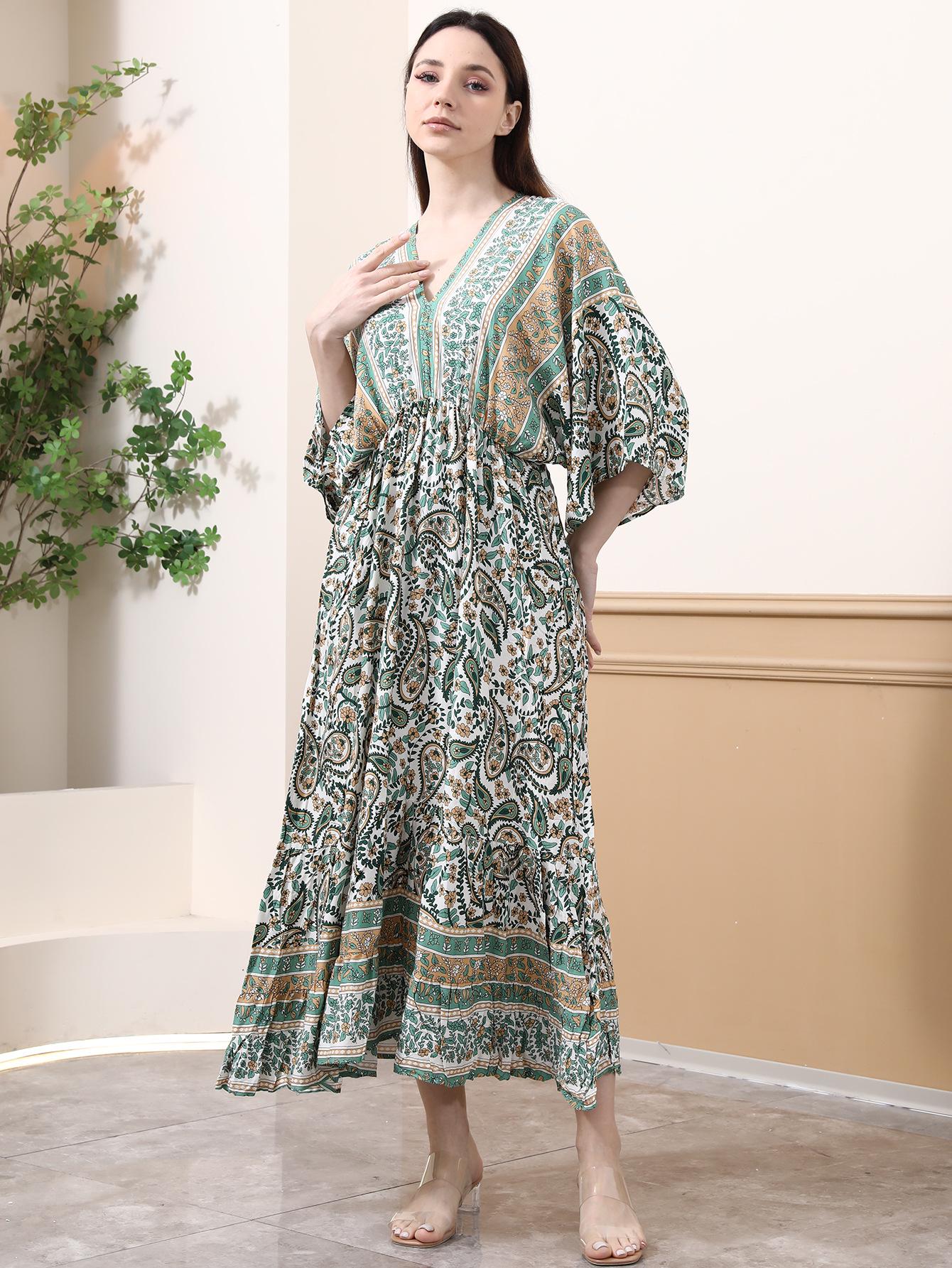 

Зеленое платье-накидка с рукавами «летучая мышь» с узором пейсли для отпуска One Size