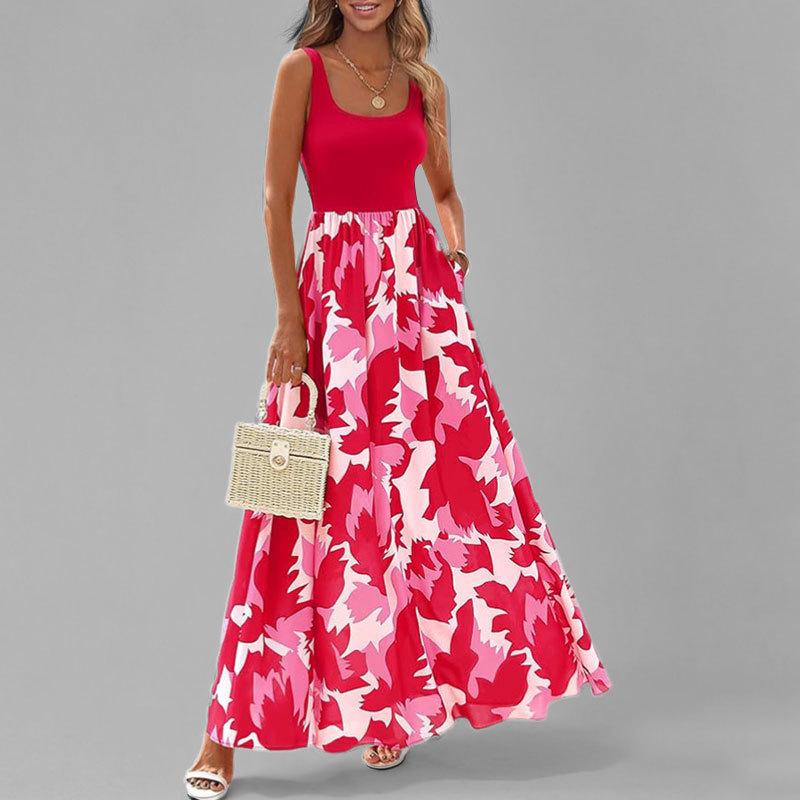 

Женские платья с высокой талией, платье с цветочным принтом, элегантное модное макси-сарафан в повседневном винтажном стиле для весны и лета S красный