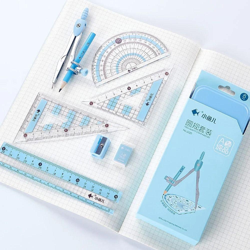 8Pcs/Set Metal Box Ruler Compass Set Multi-Function Drawing Stationery Students Gifts