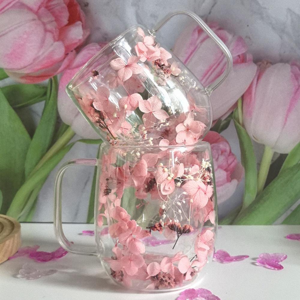 Double Wall Glass Cup Coffee Mug With Dried Flowers Design 250/400ML Double Wall Heat-Resistant Insulated Cup