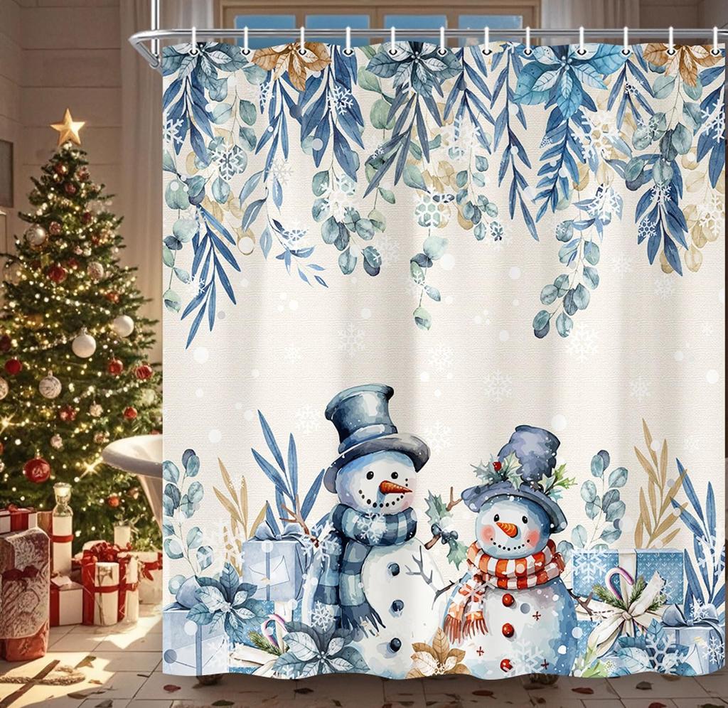 Winter Christmas Shower Curtain,Holiday Blue Snowman Bath Curtain Xmas Gift,Eucalyptus Leaf Flower Floral Bathroom Accessories