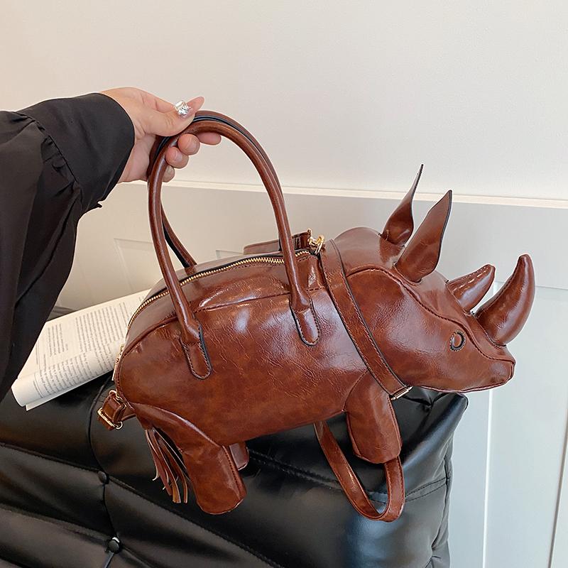 2026 New Creative Rhinoceros Shape PU Shoulder Bag for Women Minority Design Cute Tassel Decoration Commuter Versatile Handbag
