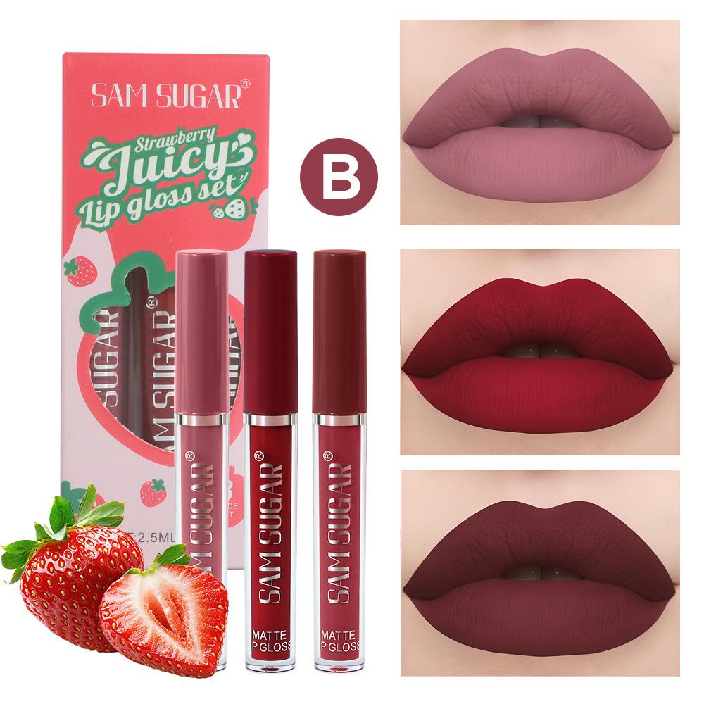 3-color Fruit Lip Gloss Set, Matte Matte Sexy Lip Glaze, Non-stick Cup, Waterproof Non-fading Lipstick Makeup