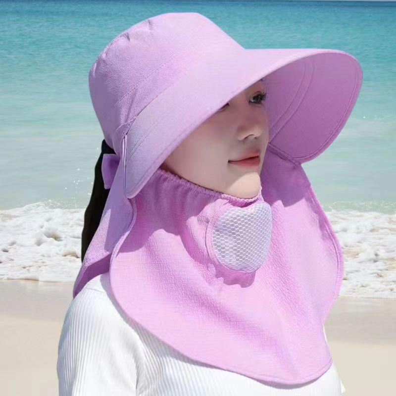 Summer sun hat women's sun protection face covering shawl hat riding face protection big eaves hat mask tea picking hat small cherry can be folded