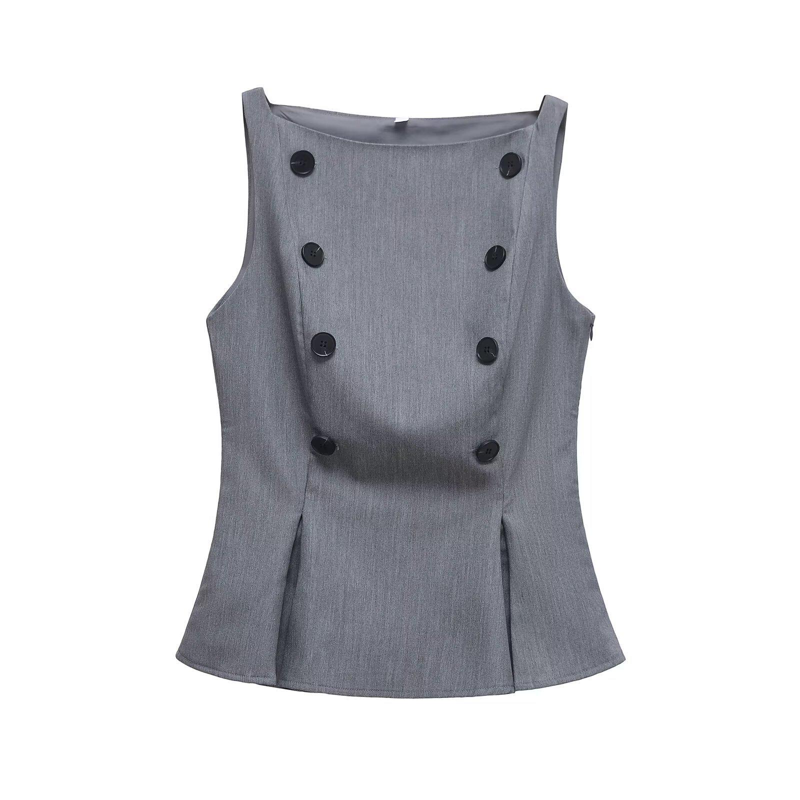 

2025 Spring Women s Slim Casual Boat Neck Top with Button Detail Large серый