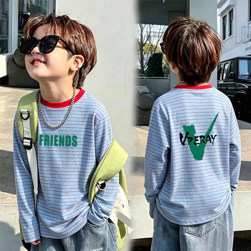 Korean Style Boys' Striped Long-Sleeve T-Shirt - 2026 Spring/Autumn New Arrival for Medium/Large Kids Casual Trendy Top