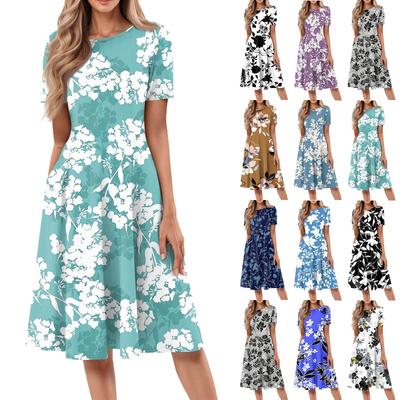 Robes Midi Décontractées Mode Femme Col Rond Manches Courtes Imprimé Floral