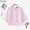 ZANZEA Women Casual Round Neck Solid Color Loose 3/4 Sleeve Blouse