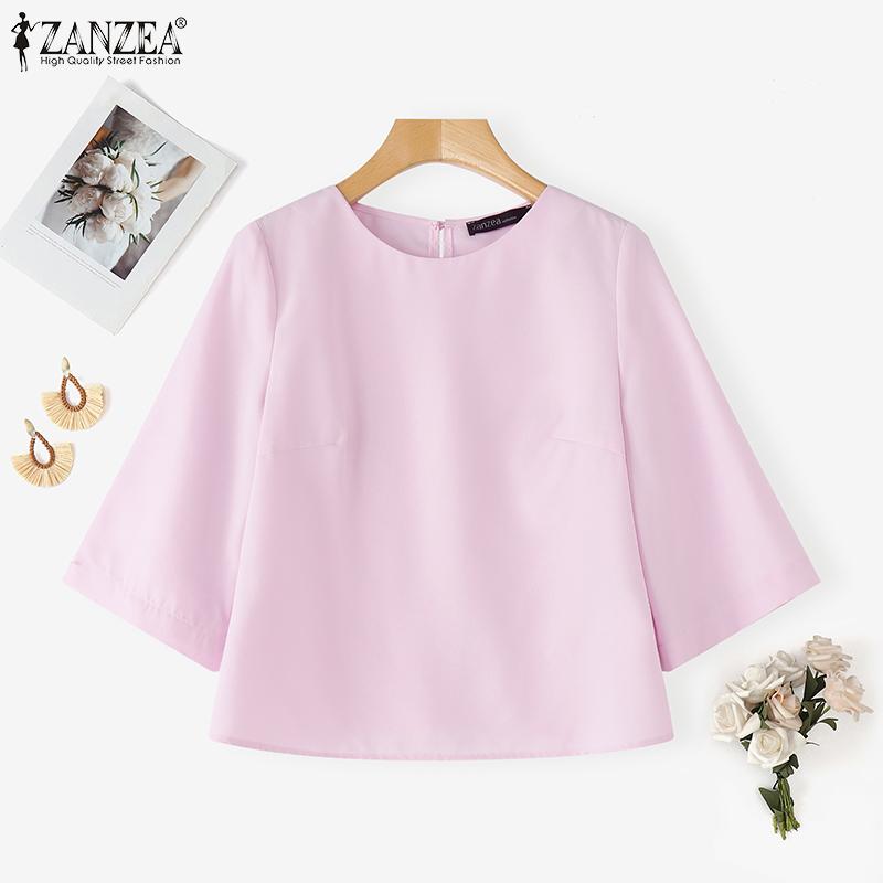 ZANZEA Women Casual Round Neck Solid Color Loose 3/4 Sleeve Blouse