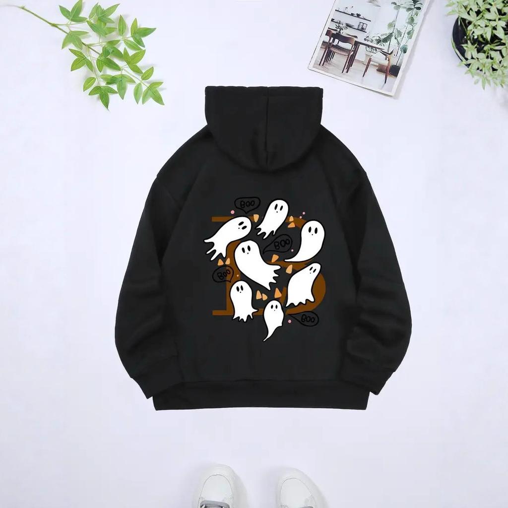 Ladies Spring Autumn Casual Hooded Long Sleeve Big Pocket  Halloween Ghost Printed Pullover Hoodies Sweatshirt Top