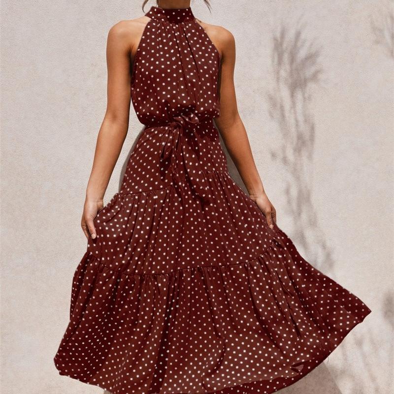 GMXIA Summer 13 Color Halter Print Polka Dot Lace-up Dress Long Sleeveless Dress