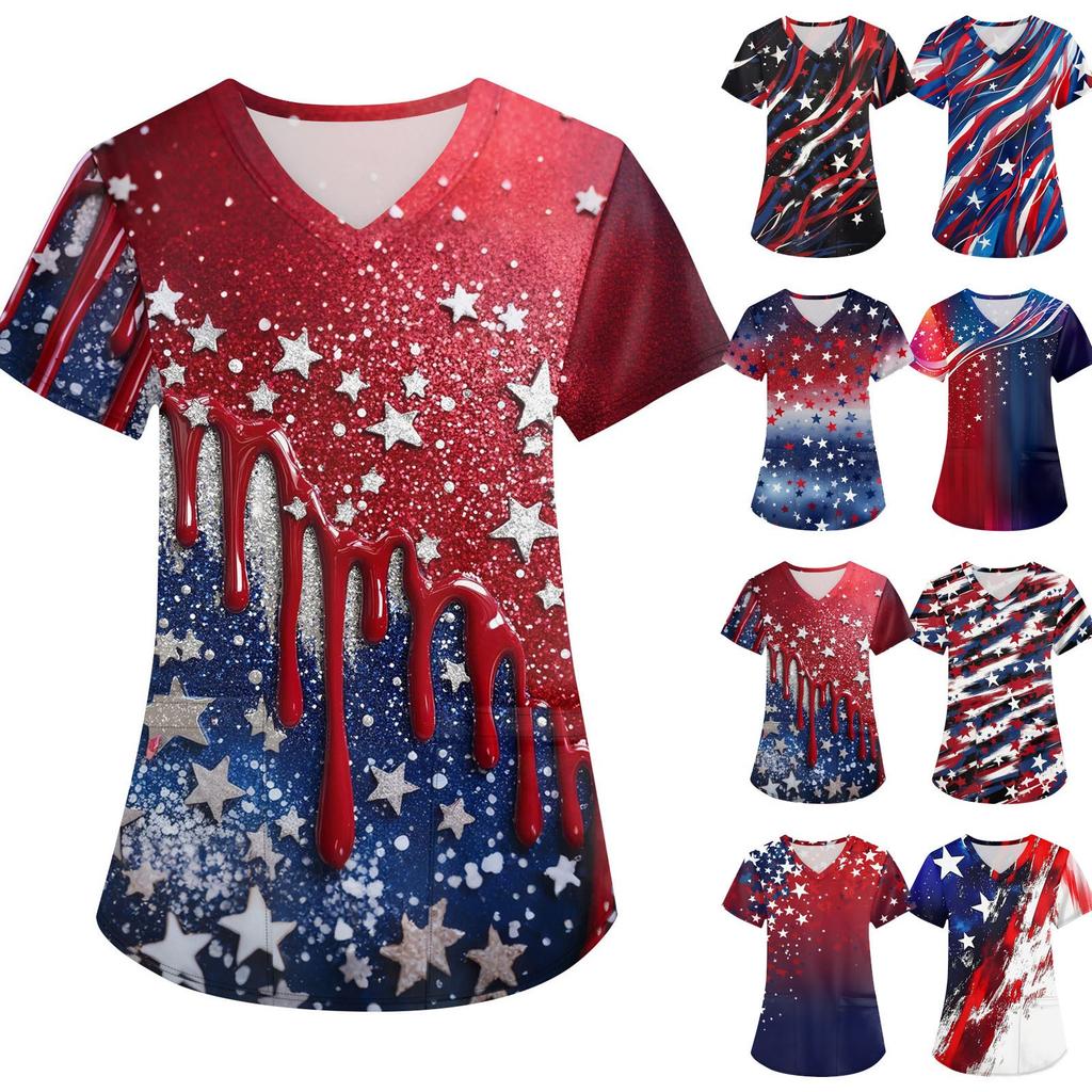 Women's Fashion V-neck Short Sleeve Workwear With Pockets Independence Day Printed Tops