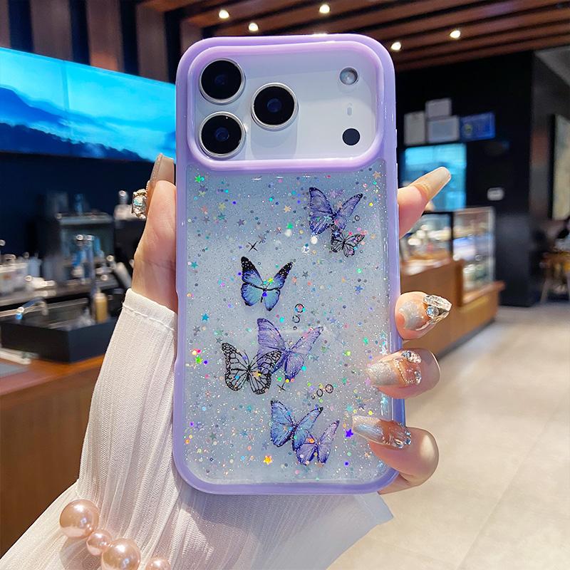 Bling Glitter Butterfly Phone Case for IPhone 17air 16 12 13 14 15 Pro Max Transparent Candy Color Epoxy Silicone Back Cover