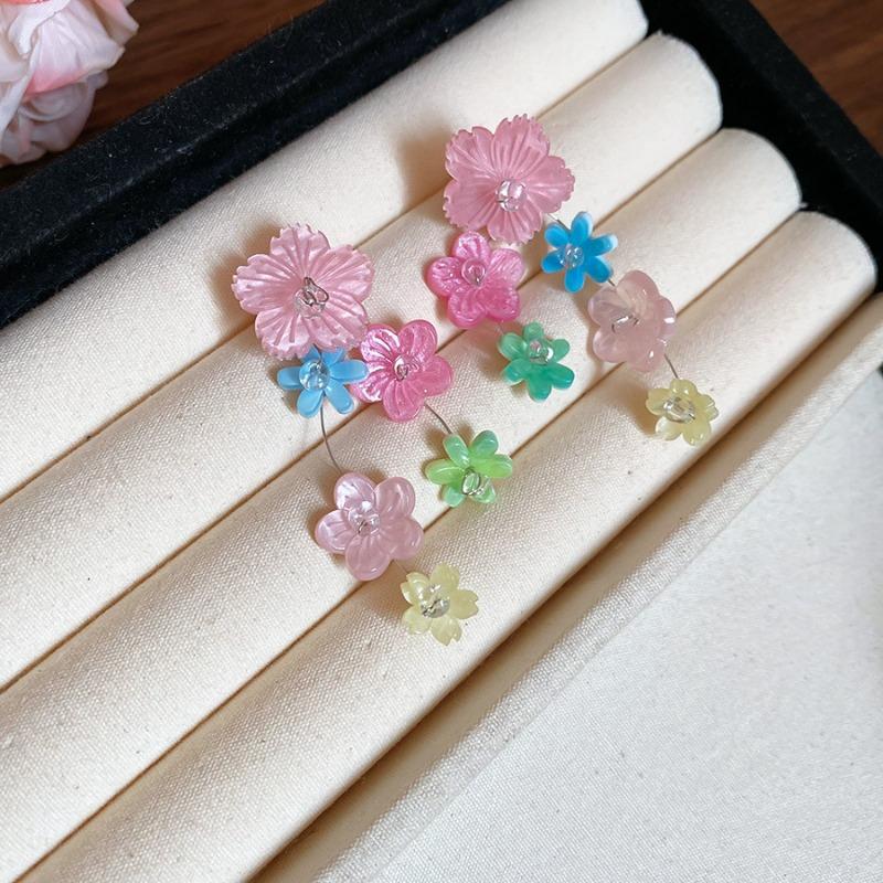 Flowers by the ear~ Silver needle resin colored flower fringed stud earrings sweet princess style earrings fashionable versatile earrings