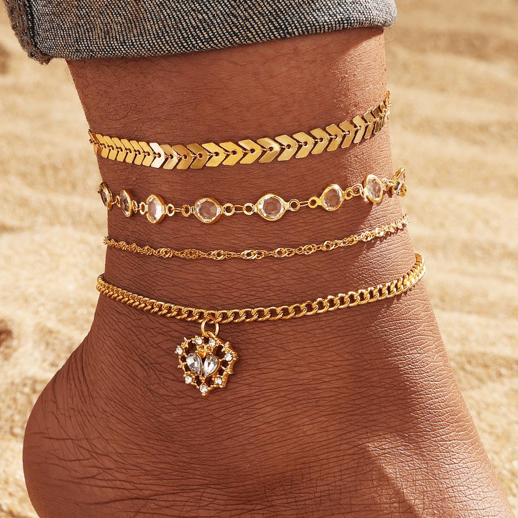 European and American style, unique, retro crystal thorn and heart anklet4New women's versatile beach anklet set