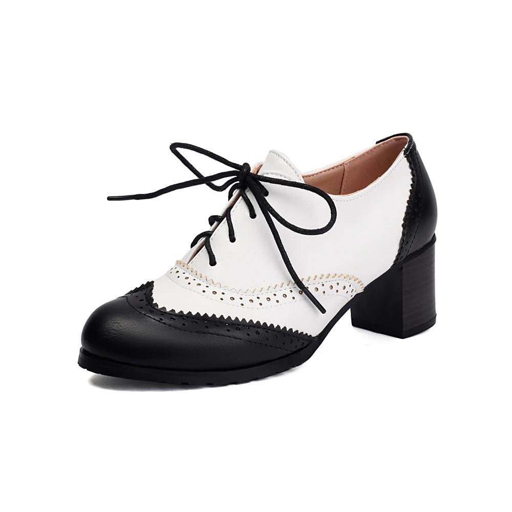 Fashion 2025 New Pump Women Pumps Round Toe Height Heels Platform Brogue Student Carved Retro Lace-Up Classic Spring Silver Black Brown