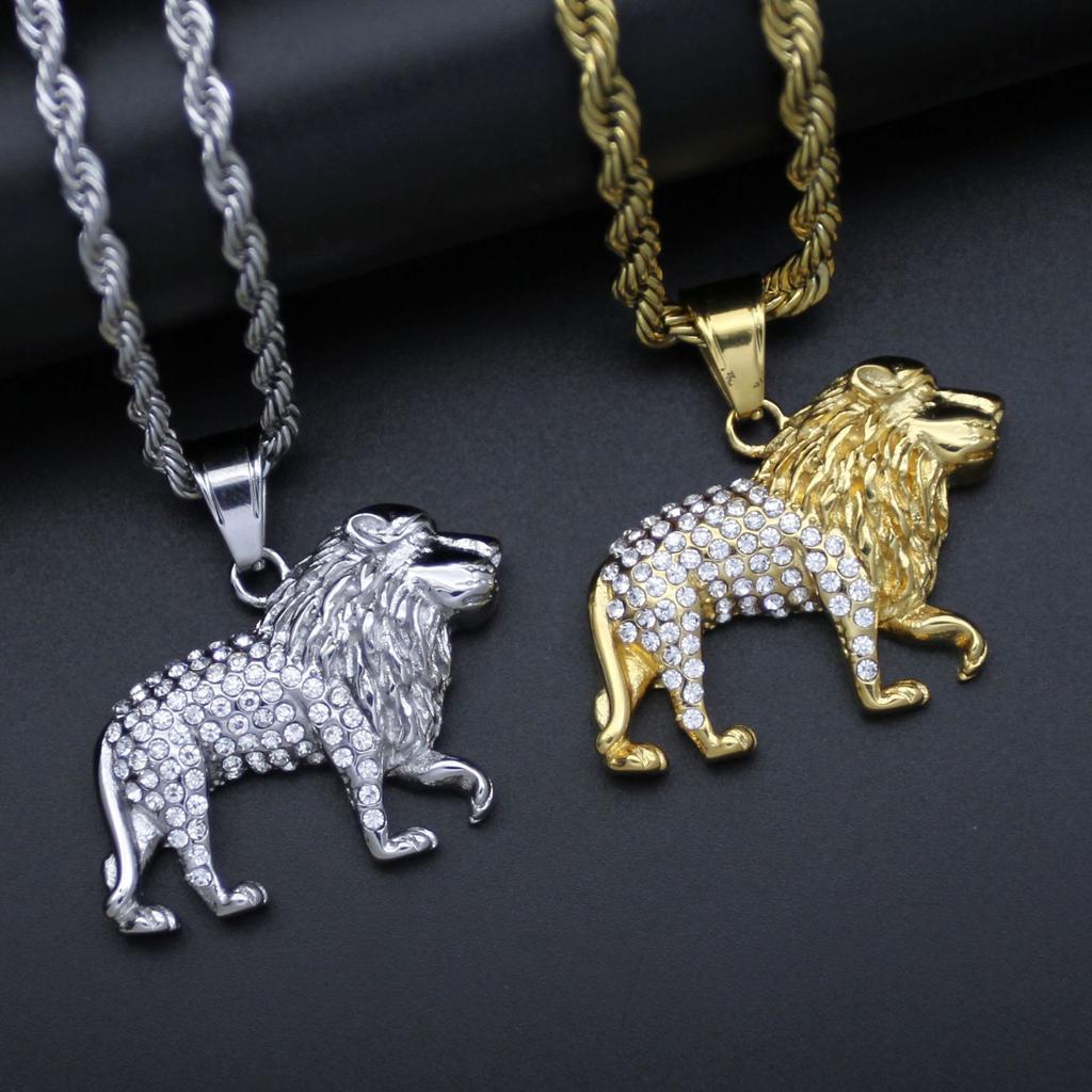 New Classic Punk Gold Plated Lion Pendant Necklace with Rhinestone Men's High Quality Metal Rock Party Jewelry
