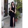 Summer fashion style design sense V-neck sleeveless thin waist strap slim split fork straight dress women