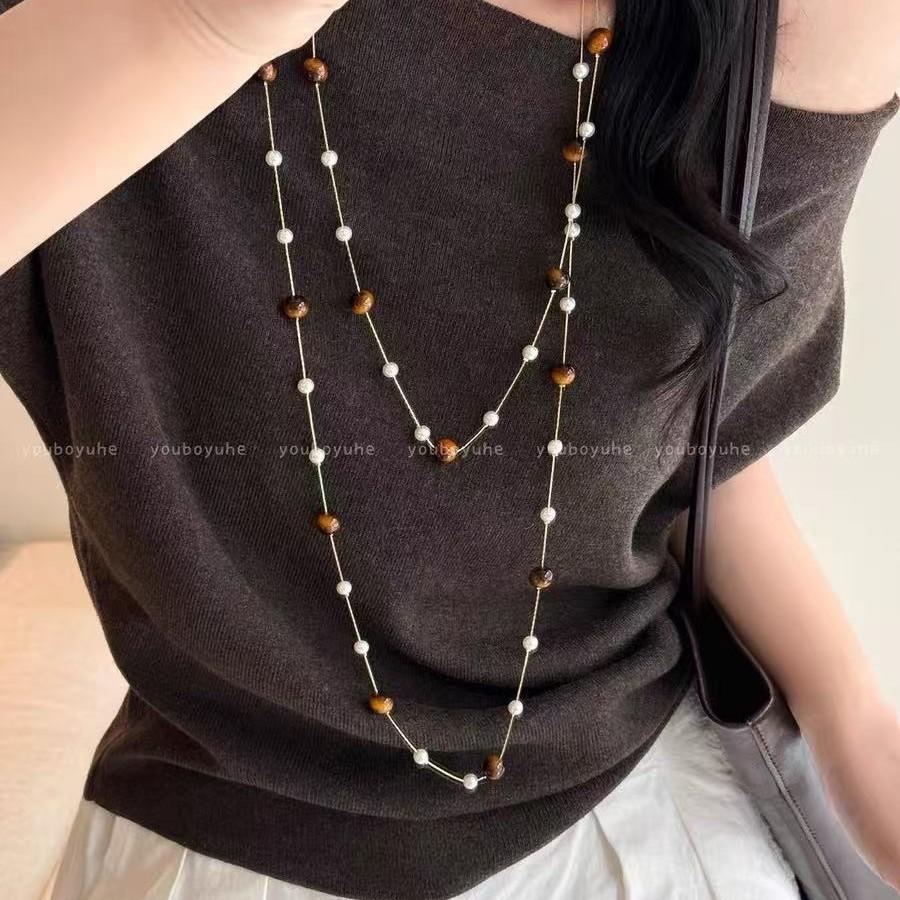Tiger Eye Stone Multilayer Geometric Necklace With Beaded Chain For Women And Men