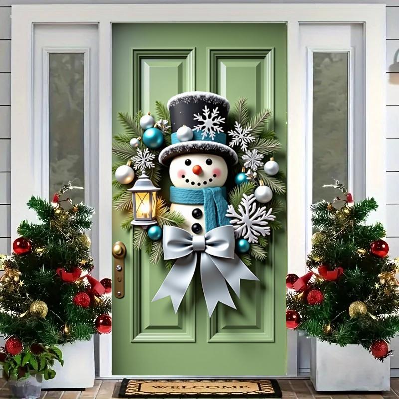 Snowman Wreath Green Lining For Christmas Doors Xmas Outdoor Decoration Door Cover For Front Door Home Christmas Party Supplies