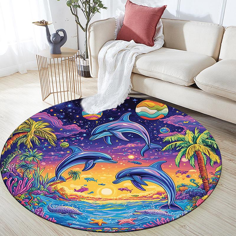 Dolphins Sunset Round Area Rug,Carpet Rug for Living Room Bedroom Sofa Playroom Decor,Non-slip Floor Mat