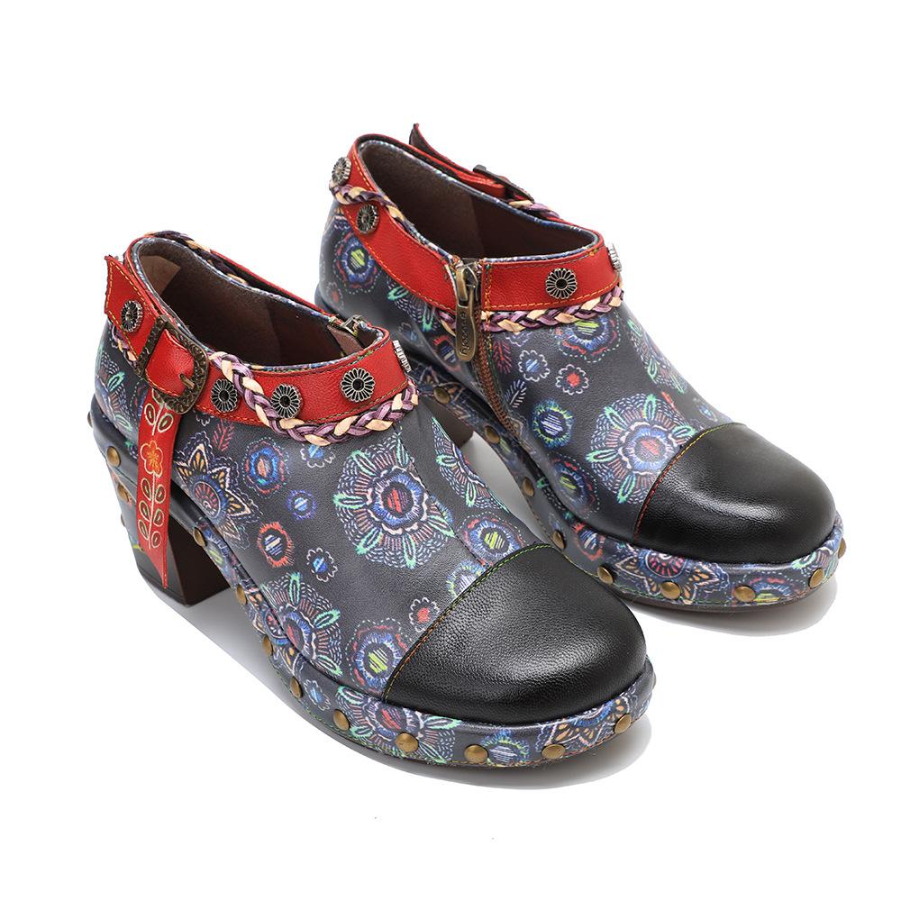 

7.5см Овчина Кожа ПУ Этнические Летние Массивный Каблук Женские Ручной Работы Принт Женская Мода Мокасины Металлическая Декорация Обувь 42 серый