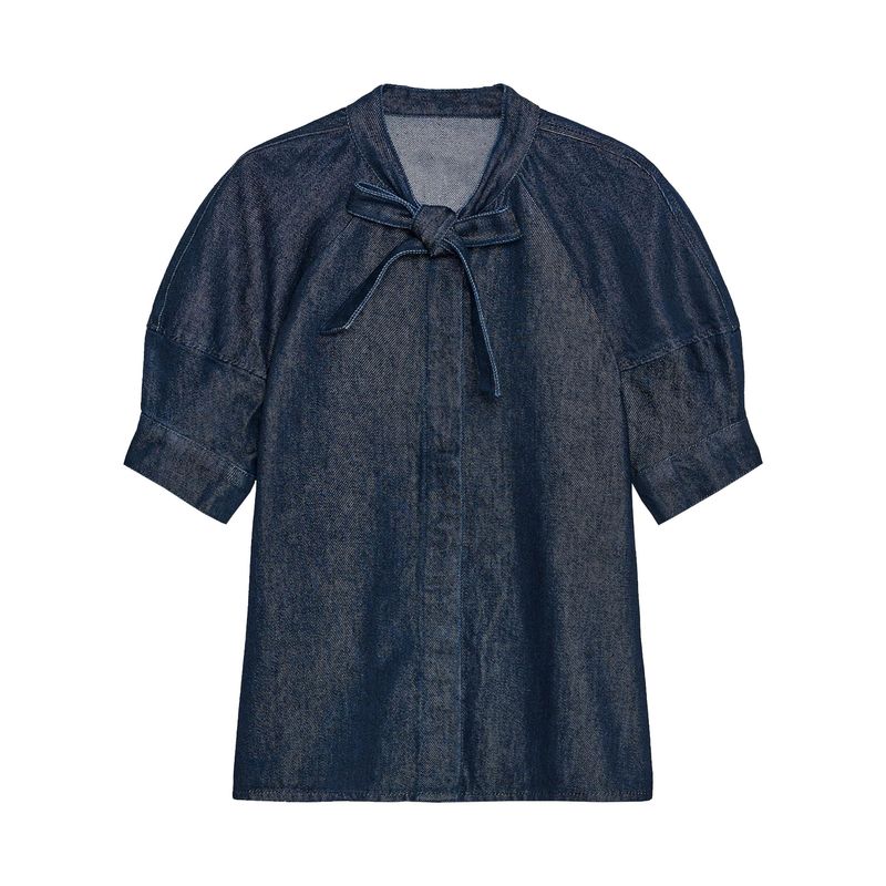 Zaprha 2025 Autumn New Bowknot Decoration Puff sleeve round Neck Short sleeve Demin shirt Top 5216249