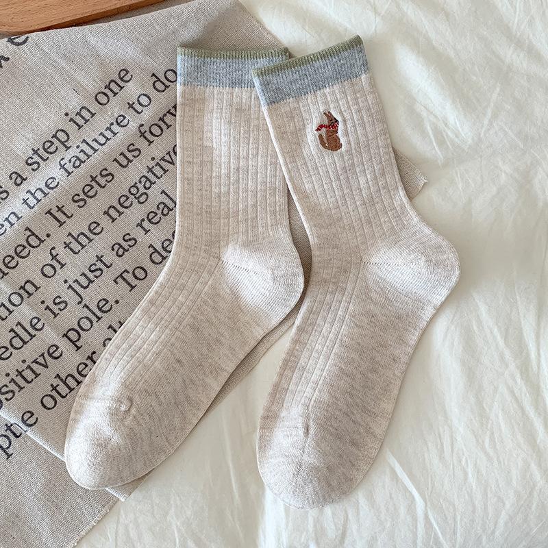 Boneless Cartoon Embroidery Cute Warm Socks Medium Tube Socks College Style Versatile Stockings Cotton