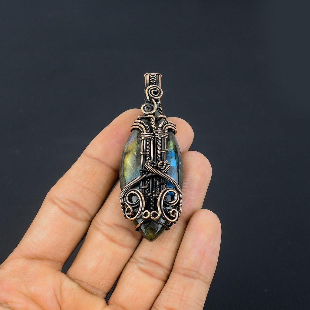 Labradorite Pendant, Handmade Gemstone 999 Copper Wire Wrapped Pendant Antique Jewelry, For Gift Silver Jewelry