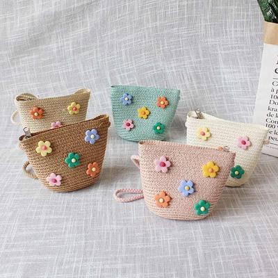 Cute Straw Shoulder Bags Baby Girls Handmade Woven Crossbody Bag Princess Kids Messenger Bags Mini Coin Purse Beach Handbags