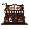 Retro Style Coffee Corner Signs Wooden Halloween Bar Sign, Fall Harvest Tabletop Decor Plaque with Pumpkin Decorative Ghost Cat, Shop Ornament
