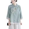 Chinese Ethnic Style Embroidered Cotton-Linen Frog Button Top for Women, Summer 2024, Stand Collar with Three-Quarter Sleeves.