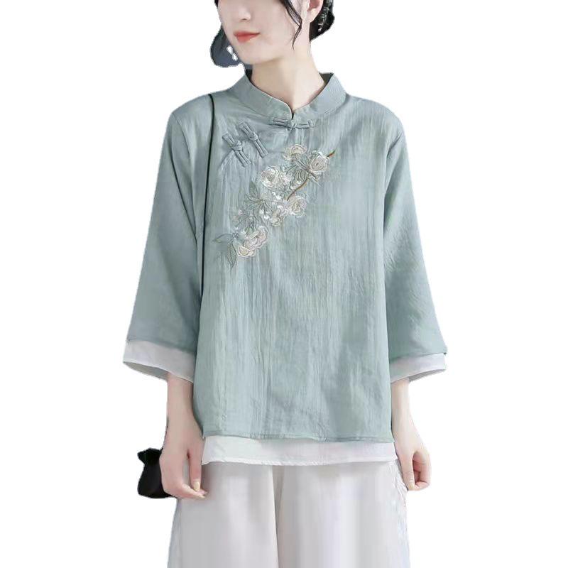 Chinese Ethnic Style Embroidered Cotton-Linen Frog Button Top for Women, Summer 2024, Stand Collar with Three-Quarter Sleeves.