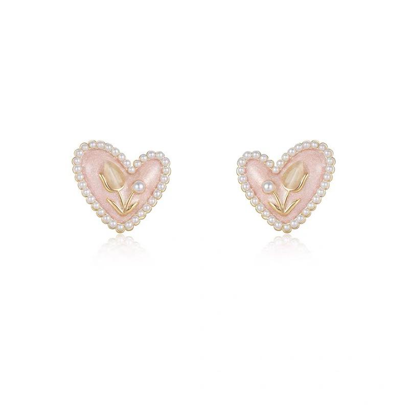 Pink Heart Tulip Pearl Earclip Premium Earrings Without Earrings Fresh and Sweet Versatile Earrings Stud Earrings Women