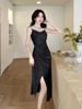 Elegant Summer French Satin Cowl Neck Spaghetti Strap Dress with Beaded Slit