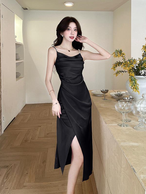 Elegant Summer French Satin Cowl Neck Spaghetti Strap Dress with Beaded Slit