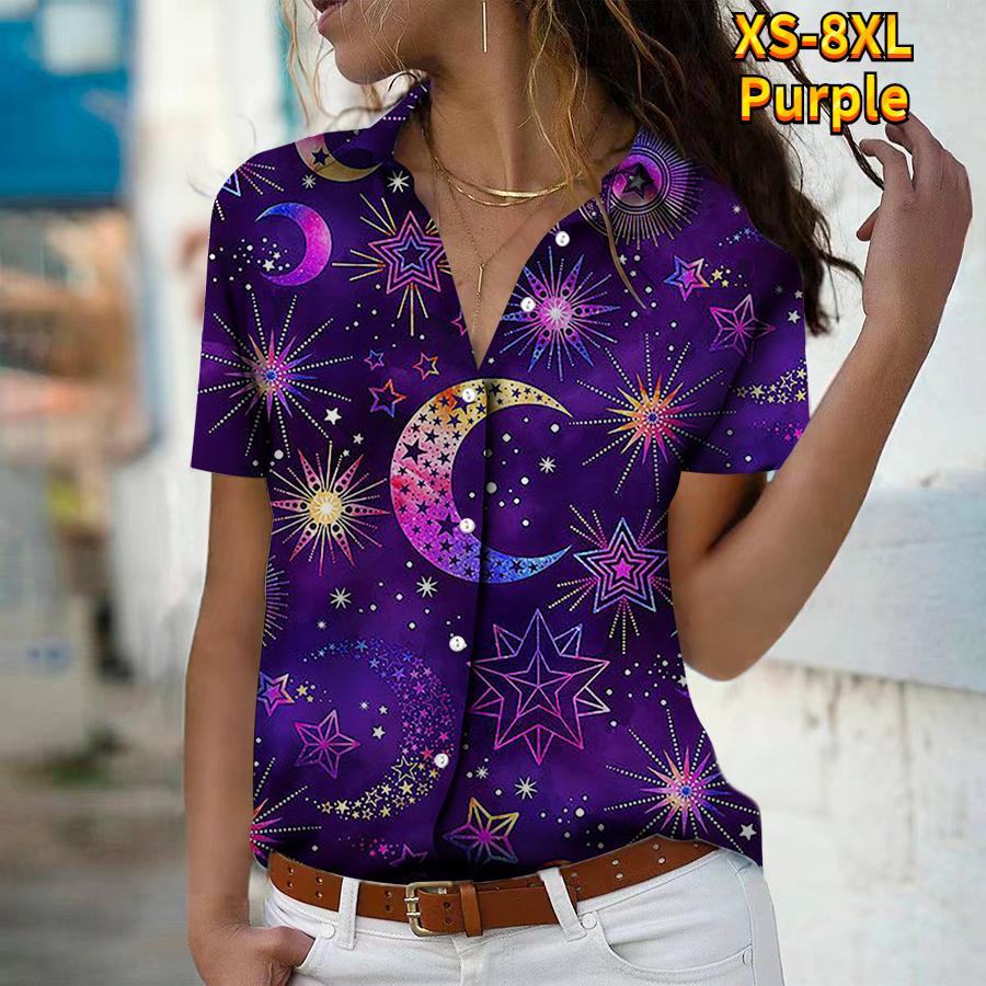 2025 Summer New Fashion Women's Star Printed Short Sleeve V-neck Casual Button-down Shirt Top