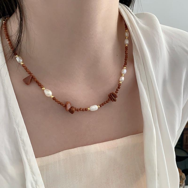 Ethnic Style Freshwater Pearl Necklace with Gold Sandstone Beads - High-End Sweater Chain Jewelry