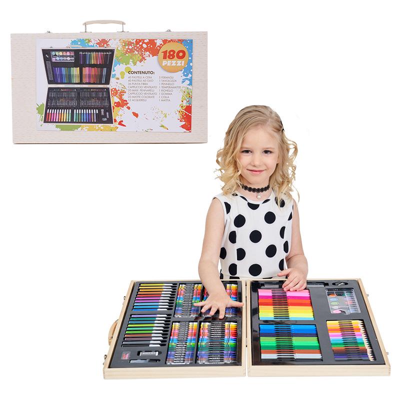 

Children s Art Supplies Gift: 180-Piece Wooden Box Set with Watercolor Pens, Brushes, Colored Pencils, and Crayons for Painting and Creativity. Watercolor Pen Set