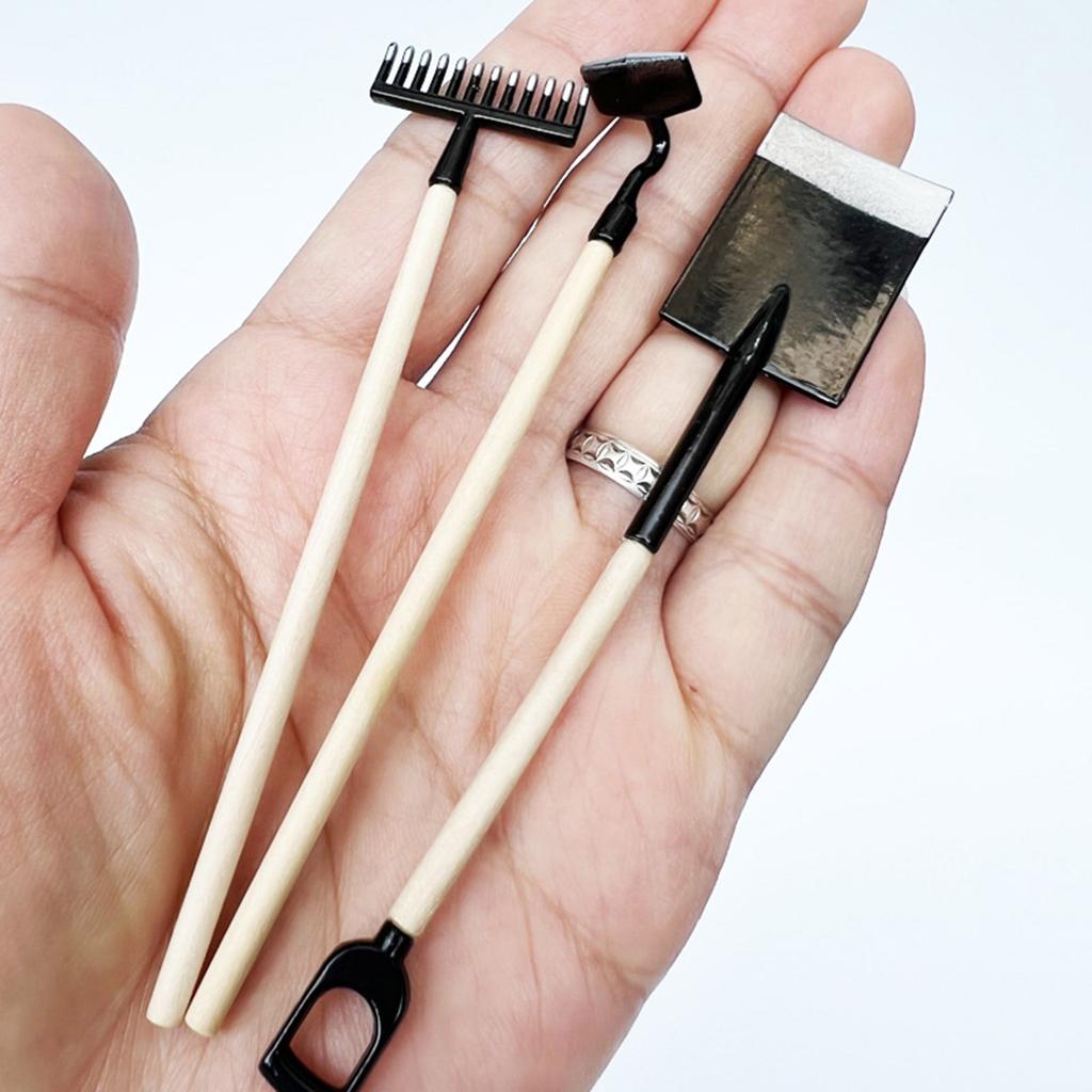 Pack Of 3 Miniature Garden Tools Shovel Rake Hoe Set For 1/12 Dollhouse Perfect For Realistic Landscaping Decorations