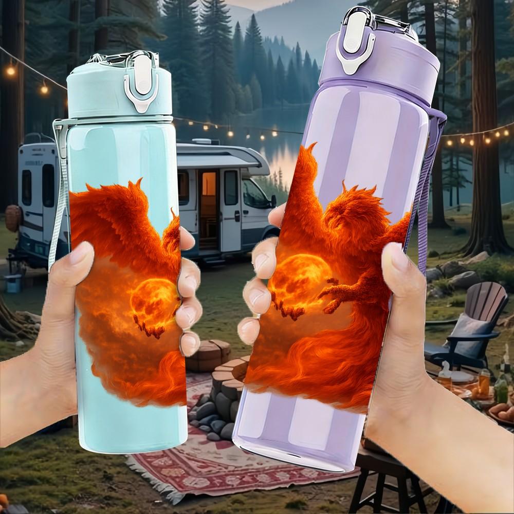 1PC Orange Red Phoenix Bird Wing Print 750ml Color Plastic Sports Water Bottle Leakproof Flip Straw Lid Suitable for Sports Office Home Use