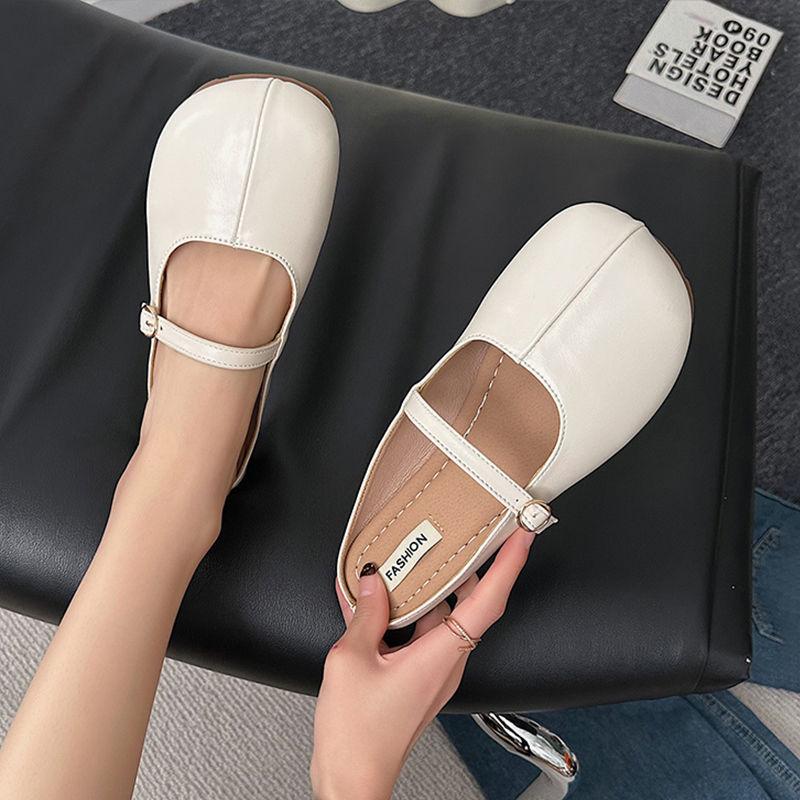 Baotou Half Slippers Women's Summer Wear 2025 Korean Version of Round Head Fashion Niche Soft Leather Flat Bottom Gentle Versatile Grandma Shoes