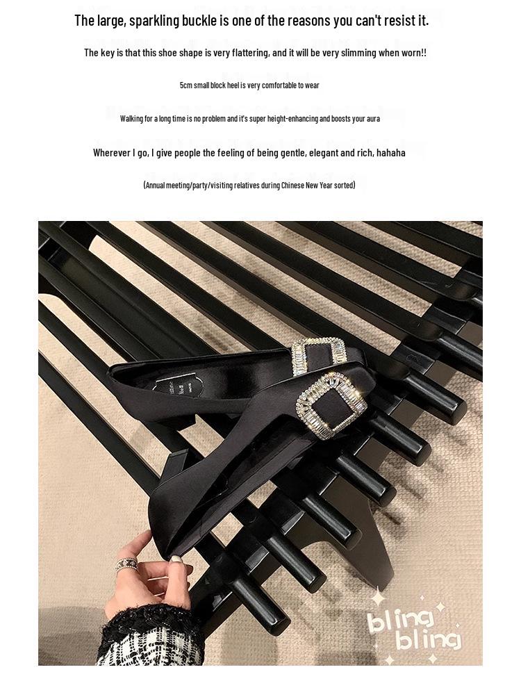 Spring/Summer Black Rhinestone Chunky Medium Heel Square Toe Boat Shoes with Buckle