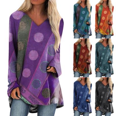 Damenmode Lässiges T-Shirt Druck Langarm V-Ausschnitt Mittellanges Oberteil