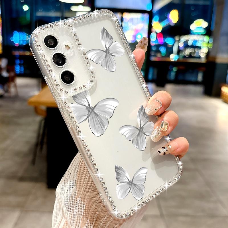 Butterfly Pattern Clear Phone Case For Samsung S25 Ultra S24 FE S23 S22 A56 A36 A16 A15 A55 A35 Diamond Frame Shockproof Soft Silicone Cover